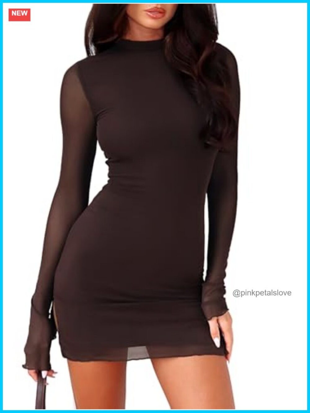 Long Sleeve Bodycon Mini Dress Mock Neck Sheer Mesh Slit Club Party